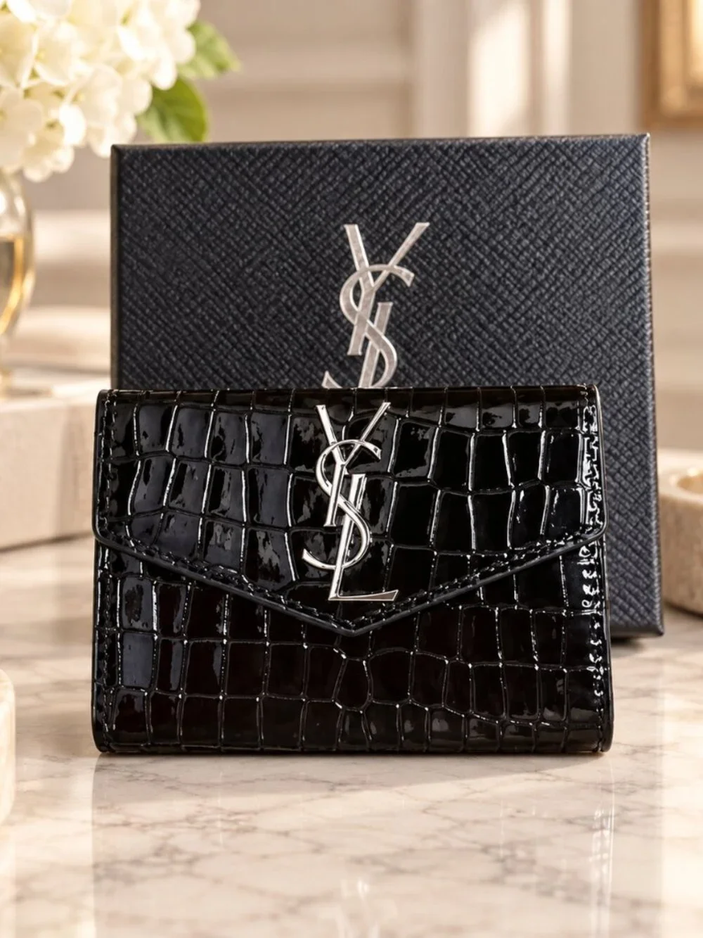 Black Croc Embossed Patent Look Envelope Wallet Silver Tone Hardware